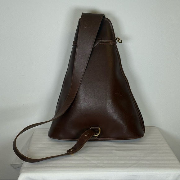 Longchamp Iconic Le Roseau Brown Leather Triangle Single Strap Sling Backpack - Picture 6 of 12